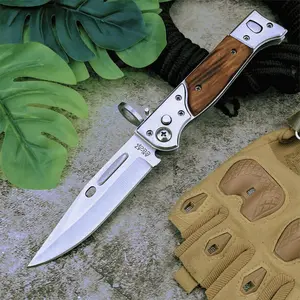 Outdoor Hiking and Climbing Pocket Folding Knife, Outdoor Knives, featuring a 440C steel blade, colorful wooden handle, and sheath—a great gift for everyday carry