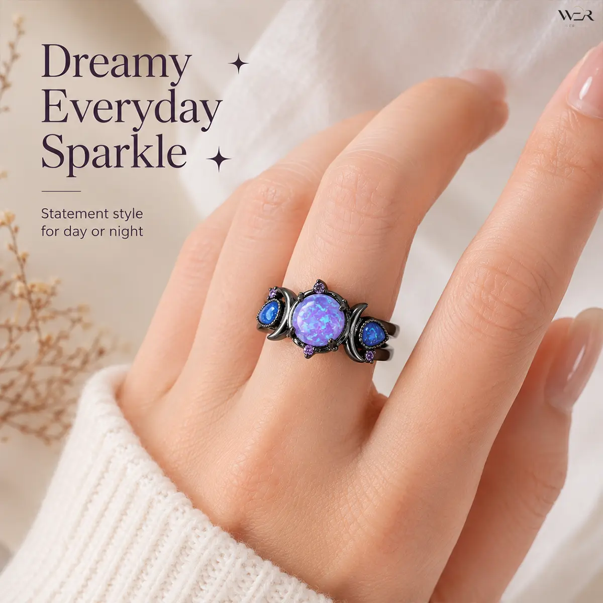 Celestial Opal Statement Ring with Moon Accents, Sparkling Engagement Style Jewelry for Women and Girls, Lightweight Costume Accessory for Daily Wear or Special Occasions, Rings For Women, Sparkling Engagement Style Rings