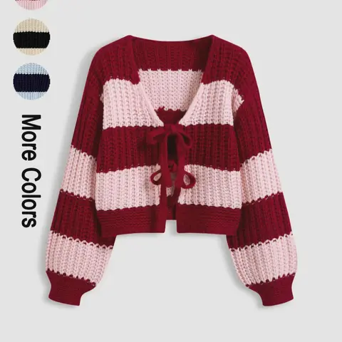 Women's Loose-Fit Striped Colorblock V Neck Sweater, Casual Long Sleeve Drop Shoulder Cardigan for Spring & Fall, Ladies Fashion Knitwear