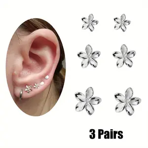 3 Pairs Tiny Flower Stud Earrings 925 Sterling Silver Set for Women Girls Cute Cartilage 20g Studs Tragus Post Pin Hypoallergenic Jewelry Gifts Birthday Holiday
