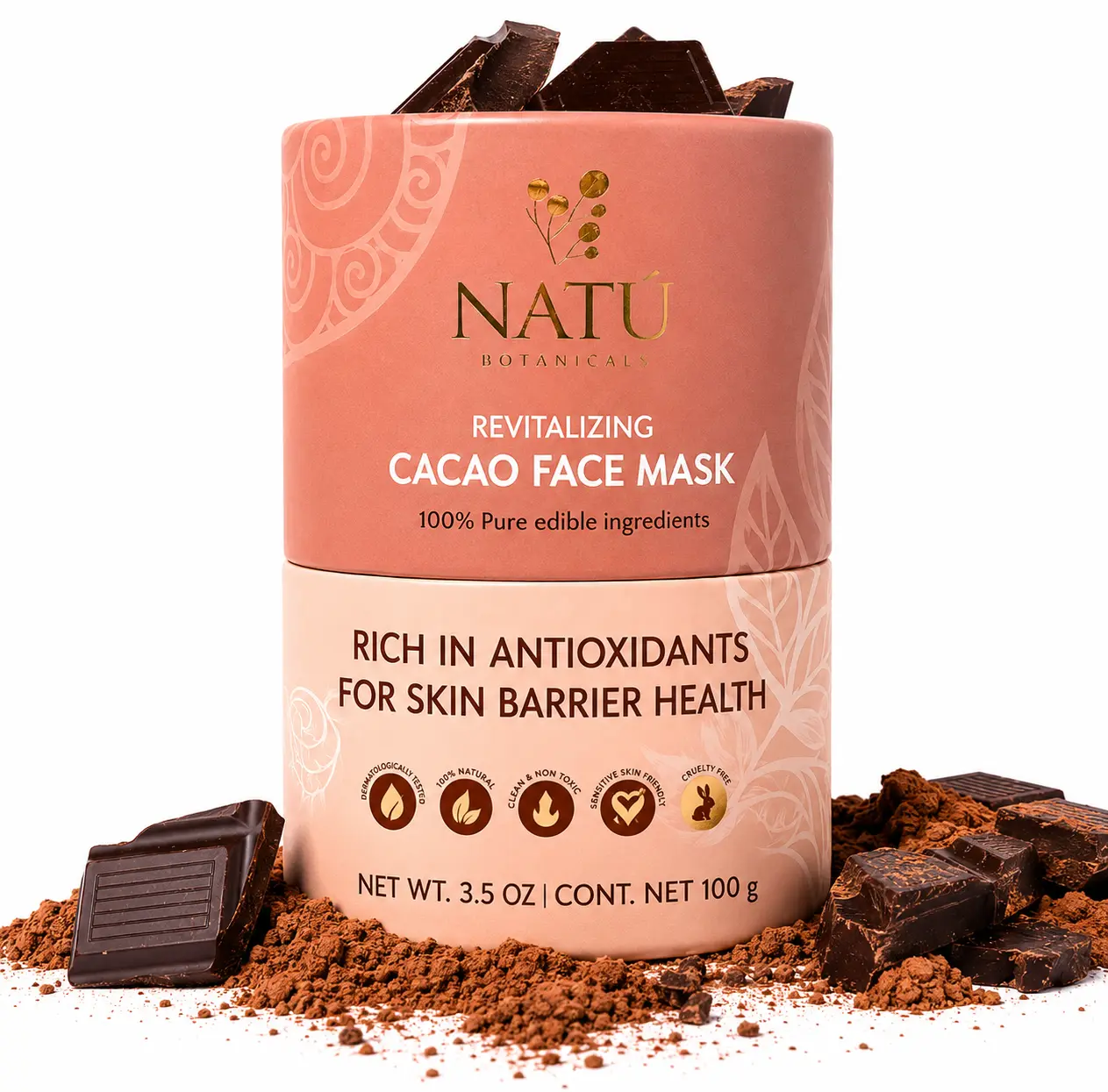 Revitalizing Cacao Face Mask by Natu Botanicals - 100% Pure Edible Ingredients, Hydrating & Antioxidant-Rich, Calming & Soothing, For All Skin Types, 3.5 oz