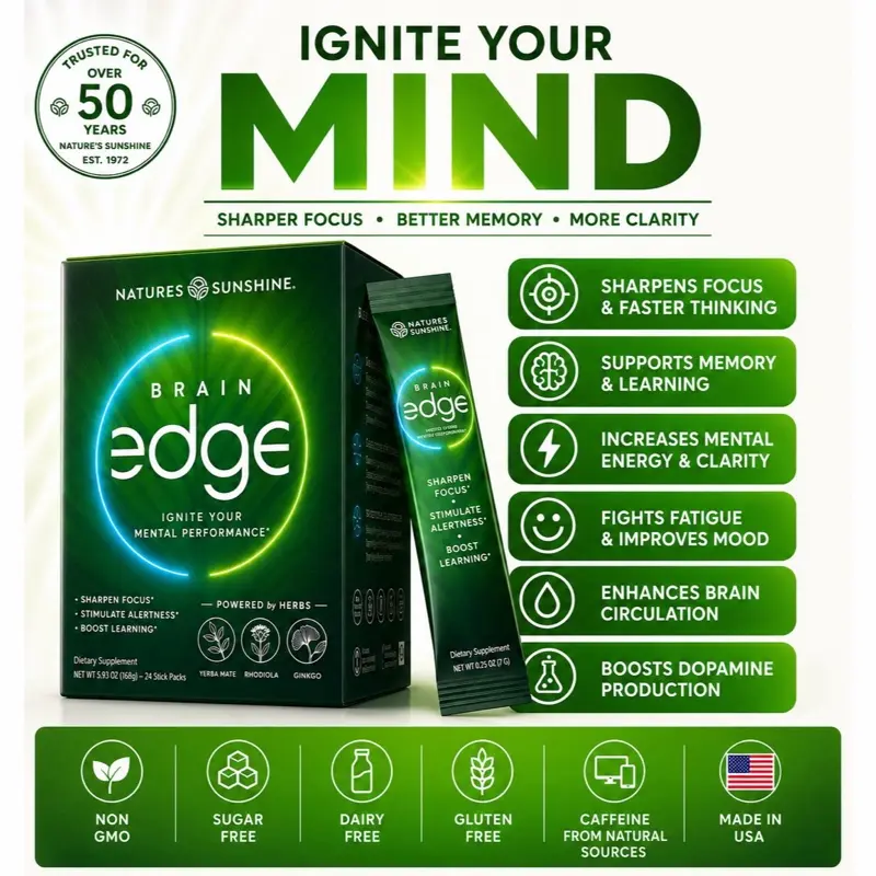Nature's Sunshine Brain Edge Stick Packs - Sharpen Focus & Boost Mental Clarity Energy. Ginkgo, Yerba Mate. Natural Healthcare Supplement Fitness Nutrition Dietary