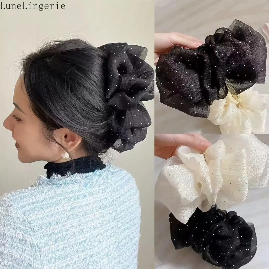 Women's Lune Oversized Organza Mesh Scrunchie - Female Fashion Headbands with Large Volume Sparkly Silver Dots, Cotton Sports Hair Accessory for Hairstyling, Polka Dot, Athletic, Sparkly Look, Stylish Sports Item, No