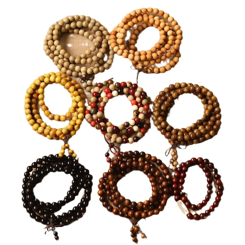Unisex Handmade Sandalwood Round Bead Multi-Ring Set Bracelet - Ethnic Chinese-Style Buddhist Fragrance Jewelry, Odor-Eliminating Collectibles for Meditation,Buddhism Practice, Round Beads