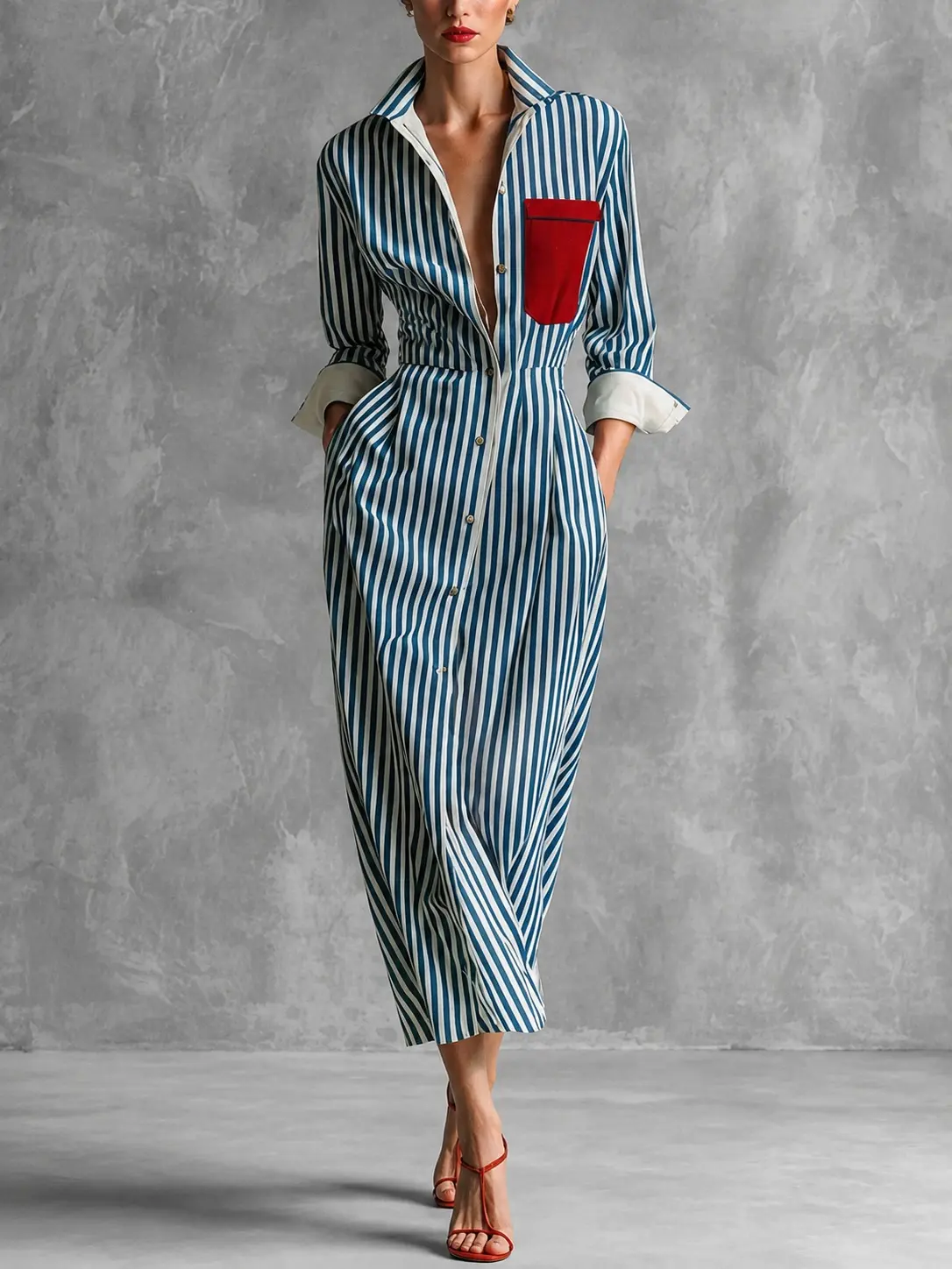 Women's Blue And White Striped Shirt Dress, Red Contrast Pocket Button Down Long Sleeve Lapel High Waisted Split Midi Dress