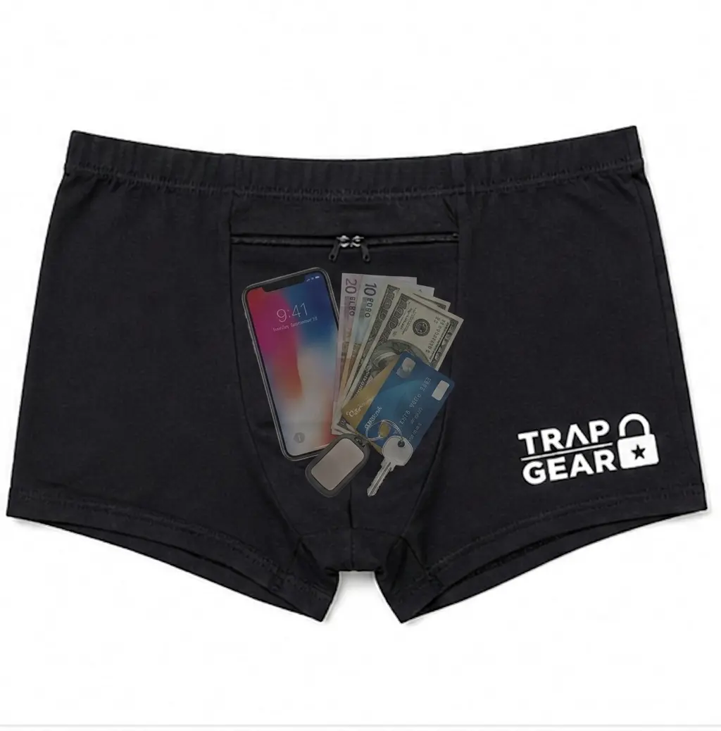 Men's Discreet & Non-Descript Mid Waist Anti-Theft Body Slimming Stash Boxer Briefs - Hidden Pocket, Trap Gear Design for Travel, Athletic Black (Boxers/Trunks)