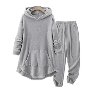 【Plus Size】 Two-Piece Set Solid Drop Shoulder Fuzzy Hoodie & Elastic Waist Pants, Casual Fashion Cozy Breathable Outfits for Daily Outdoor Wear, Women Clothing for Winter