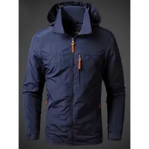 Men'S Waterproof Windproof Outdoor Jacket, 100% Nylon Hooded Coat with Zipper, Casual Solid Color, Regular Fit, Slight Stretch, Woven Polyester Lining, All Seasons Menswear Collar  aesthetic raincoat rain mate  raincoats sophie rain jacket raincoat snoopy
