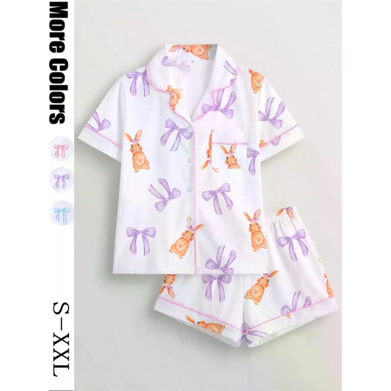 Women's Short Sleeve Pajama Set with Bow Rabbit Print - Button-Up Top and Elastic Waist Shorts, All-Season Loungewear