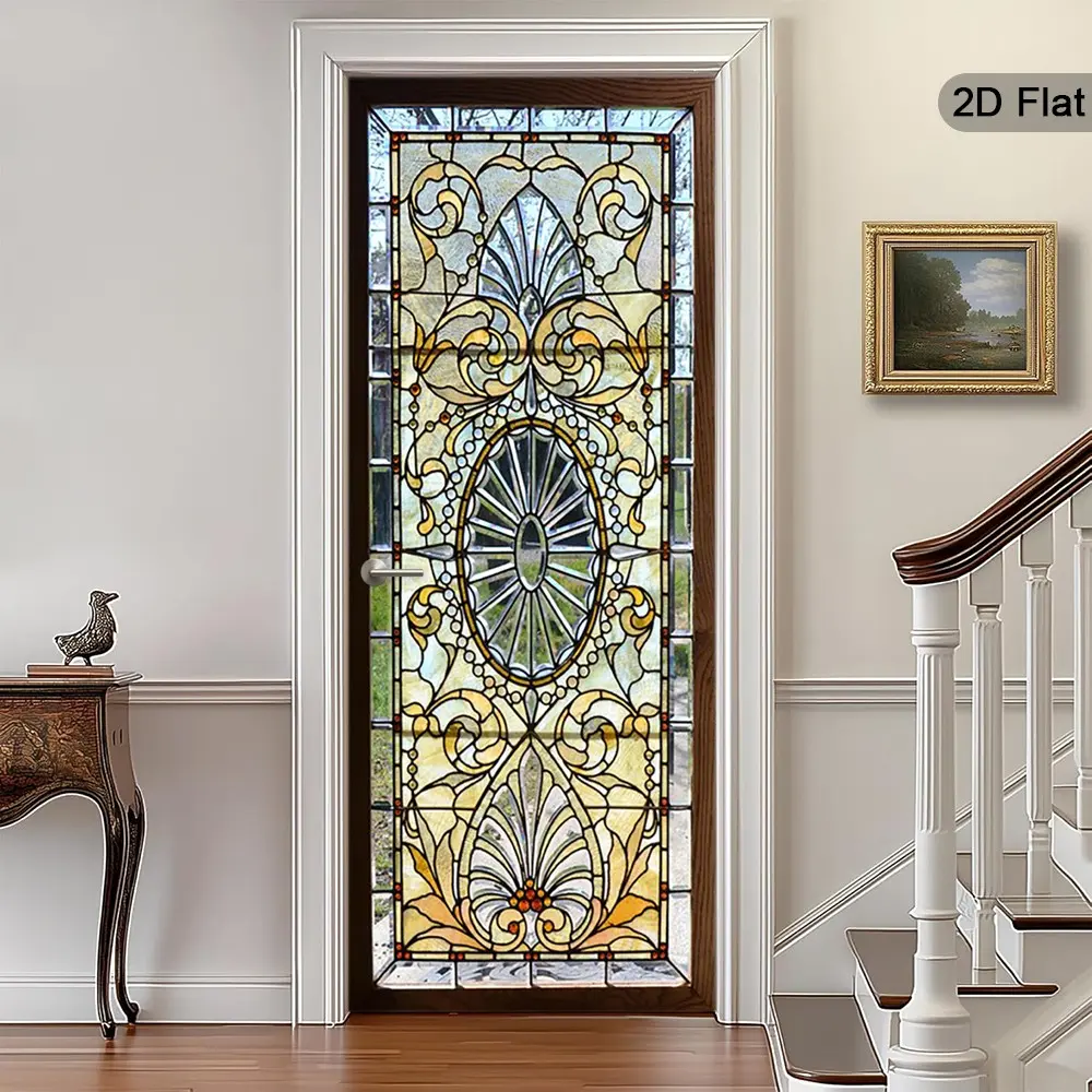 Elegant Colorful Glass Door Stickers, Retro Modern Style Self-Adhesive Decorative Wall Decor, Gothic Detail Home Decoration, Bedroom Living Room Office, Household Decoration Supplies