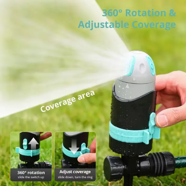 Yard Sprinkler, 4-Mode, 360° Adjustable Sprinkler, Sturdy Metal Stake Base for Stable Soil, Watering Range Up to 50 Feet, Ideal for Lawns and Gardens