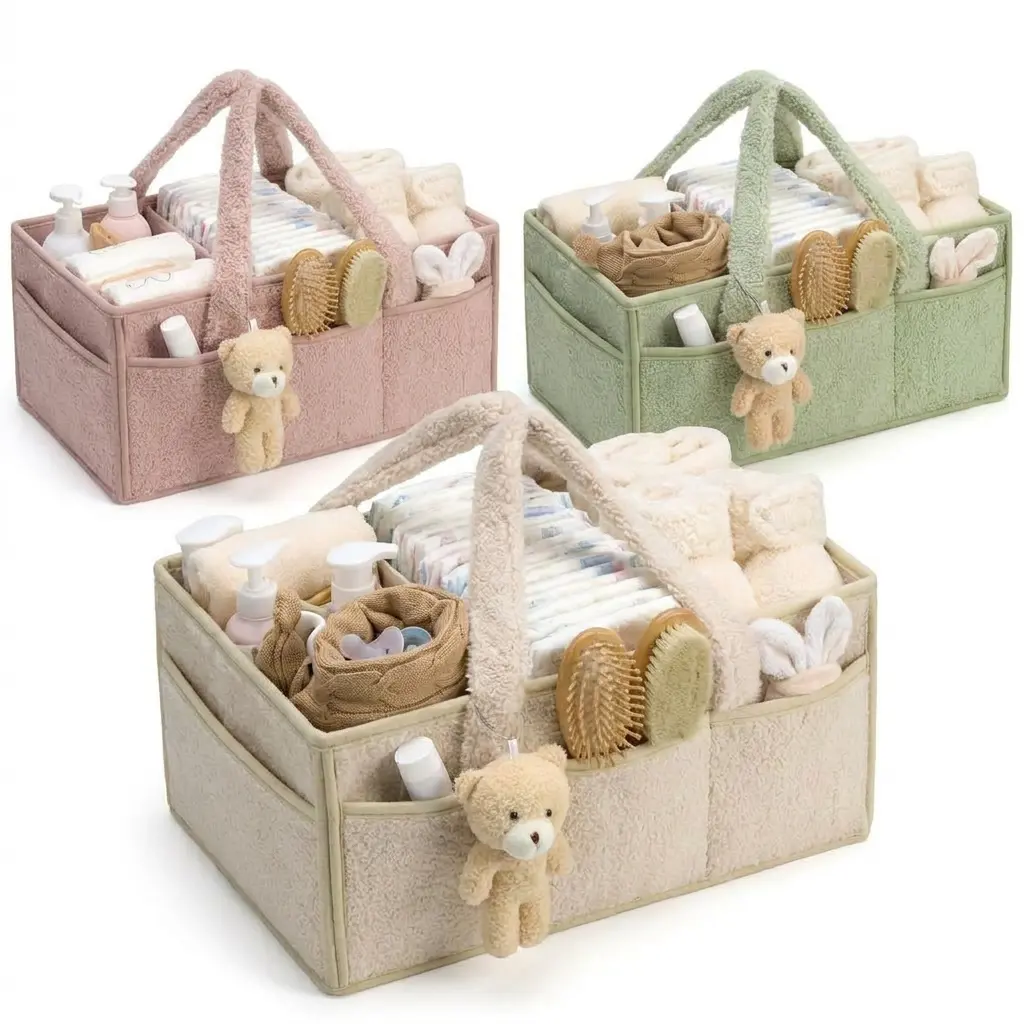 Portable Baby Diaper Caddy Organizer with Sturdy Handle, Multi Compartment Baby Diaper Storage Bin, Newborn Essentials Holder, Baby Shower Gift for Boys & Girls, Car & Nursery Must-Have
