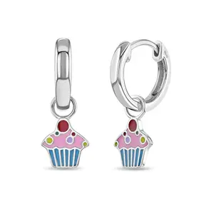 Cupcake Dangle 9mm Kids / Children's / Girls Earrings Hoop/Huggie Enamel - Sterling Silver