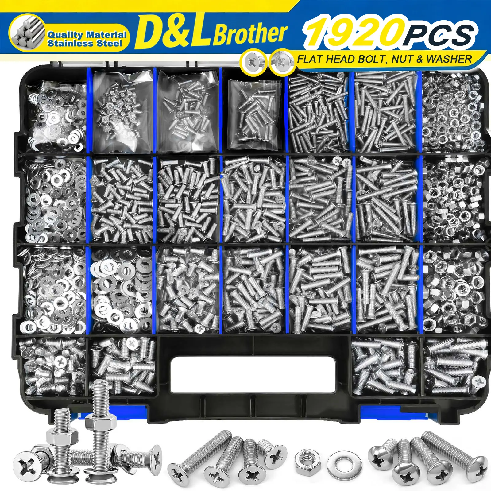 1920-Piece Stainless Steel Bolt & Nut Set, #8 Screw Assortment with Hex, Phillips & Flat Heads, Self-Drilling Tip, Rust-Resistant, Storage Case Included for Auto & Plumbing