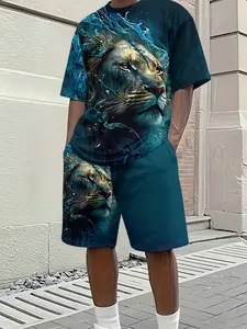 Domineering Animal Watery Lion Men's 3D Digital Print Two-Piece Set Top, 2Pcs, Trendy Fashion Suit, Trendy Retro Casual Two-Piece Set, Vacation Style Trendy Outfit, Breathable Sports Casual Style, Perfect Holiday Gift for Men