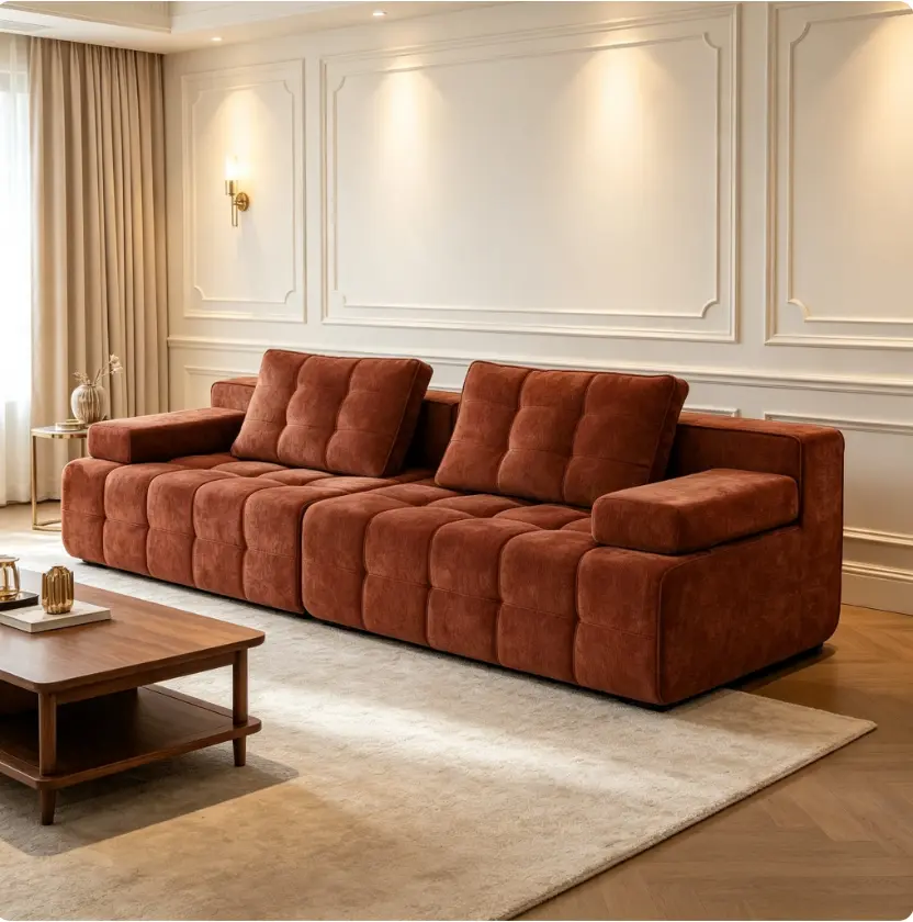 Rust modular block sofa with grid tufted cushion design. Luxe soft textured fabric and oversized square armrests deliver ultra-cozy seating. Minimalist geometric silhouette, warm earth tone, a striking statement piece for modern living rooms.