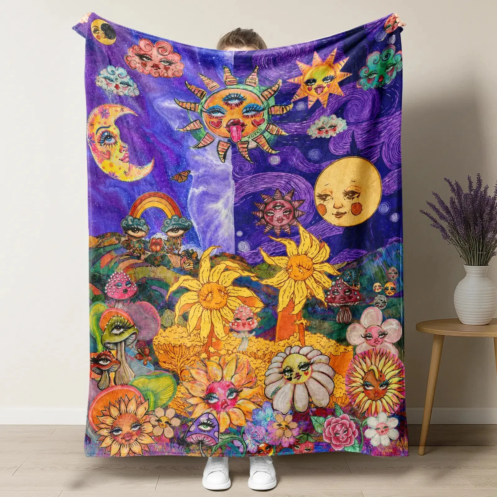 Psychedelic Sun and Moon Throw Blanket, Trippy Mushroom Sunflower Fleece Blanket, Indie Hippie Room Decor, Colorful Surreal Celestial Blanket for Bed Sofa, Soft Plush Gift for Teens and Adults