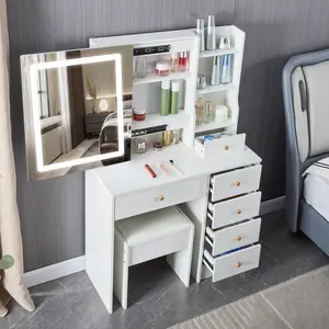 White Vanity Desk Stool Set Wooden Dressing Table With LED Lighted Mirror and 6 Drawers & 4 Shelves Bedroom Dresser