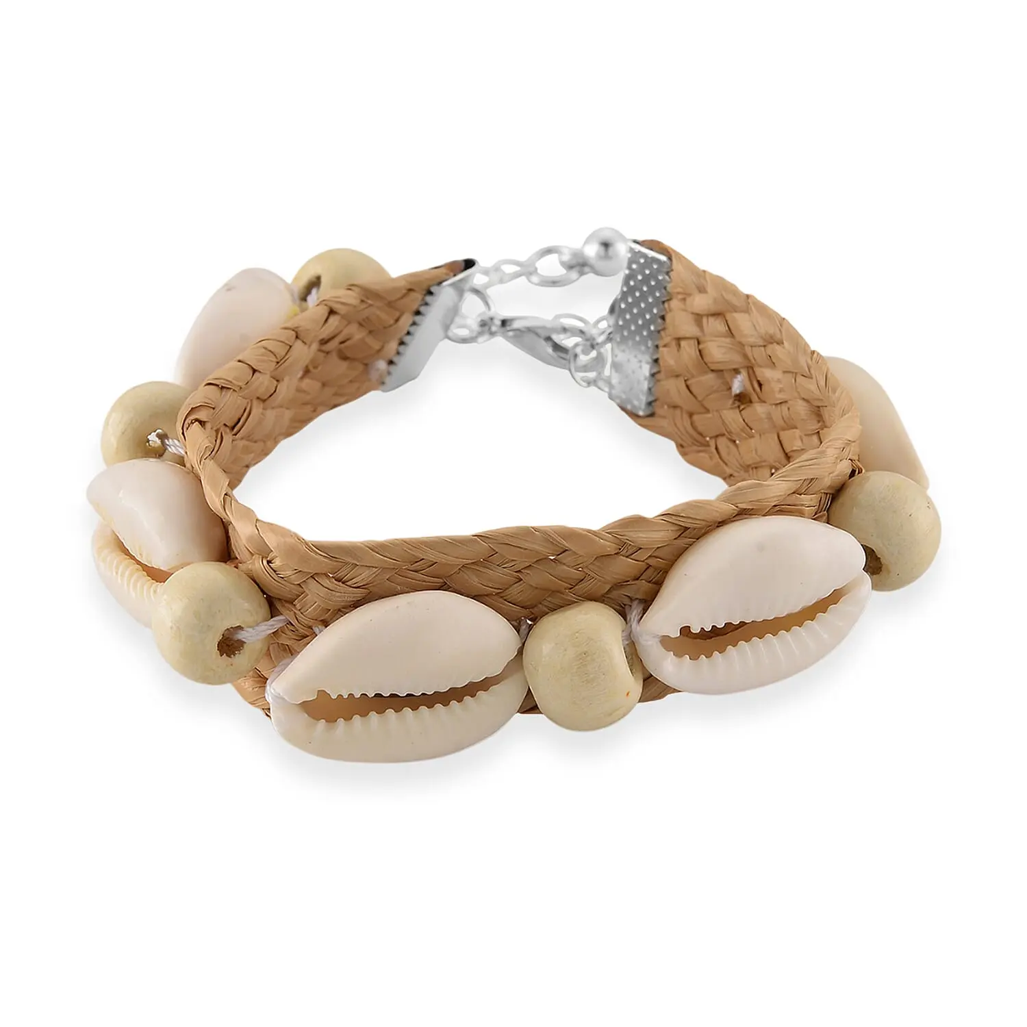 White Shell Pearl and Wooden Rattan Bracelet in Silvertone (7.50 In)
