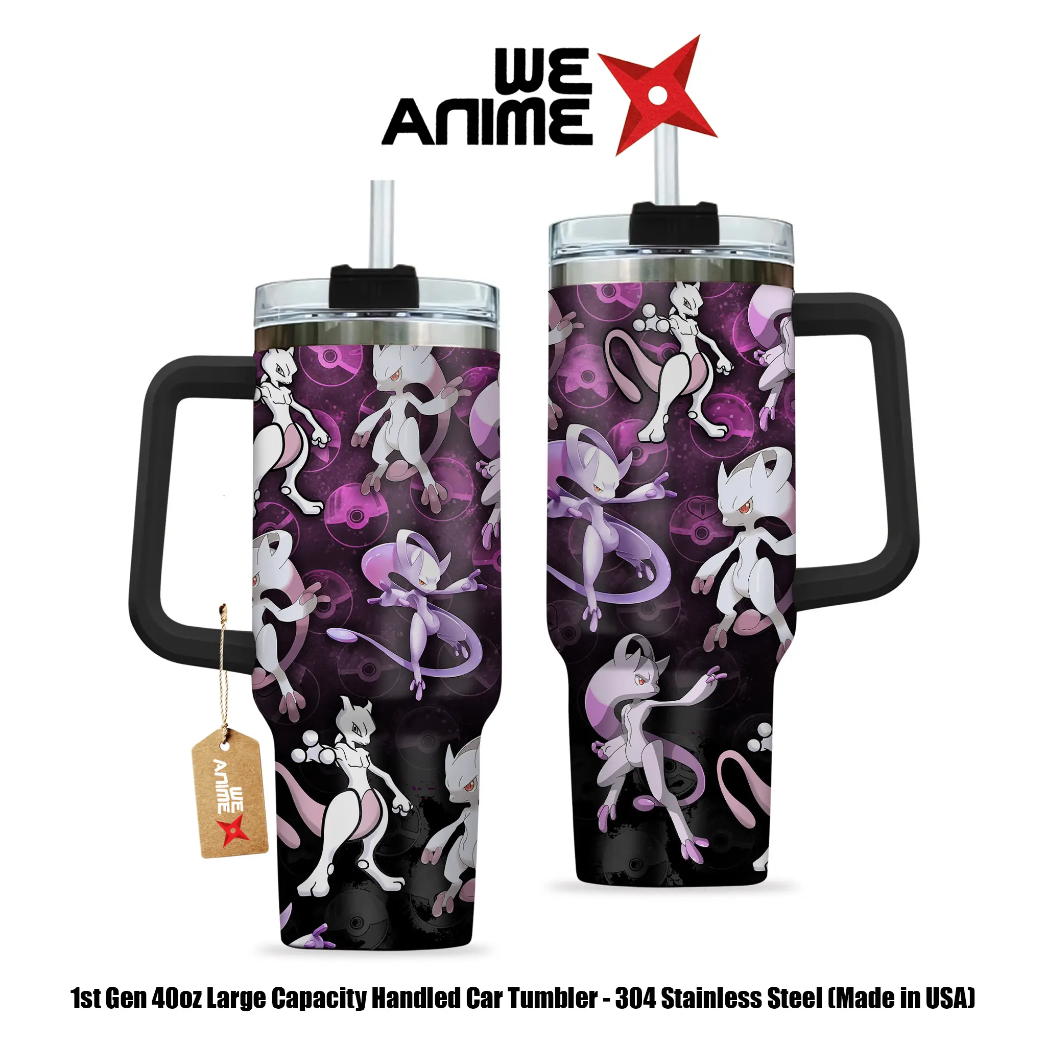 WEXANIME Collection Mewtwo Genetic Personalized 20oz/40oz Stainless Steel Tumbler with Handle, Double-Wall Vacuum-Insulated Travel Mug, Leak-Resistant Coffee Cup, Reusable Gift for Anime Fans