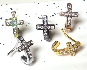 1pc Crystal Paved Cross L-Bend 20g Nose Ring Stud Screw 316L Surgical Steel