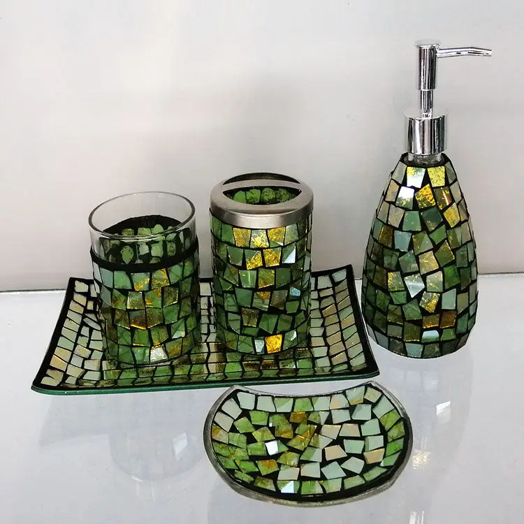 Watson Bathroom Accessories 5-Piece Green-and-Gold Mosaic Glass Bathroom Accessory Set, Including a Hand Soap Dispenser, Five-Piece