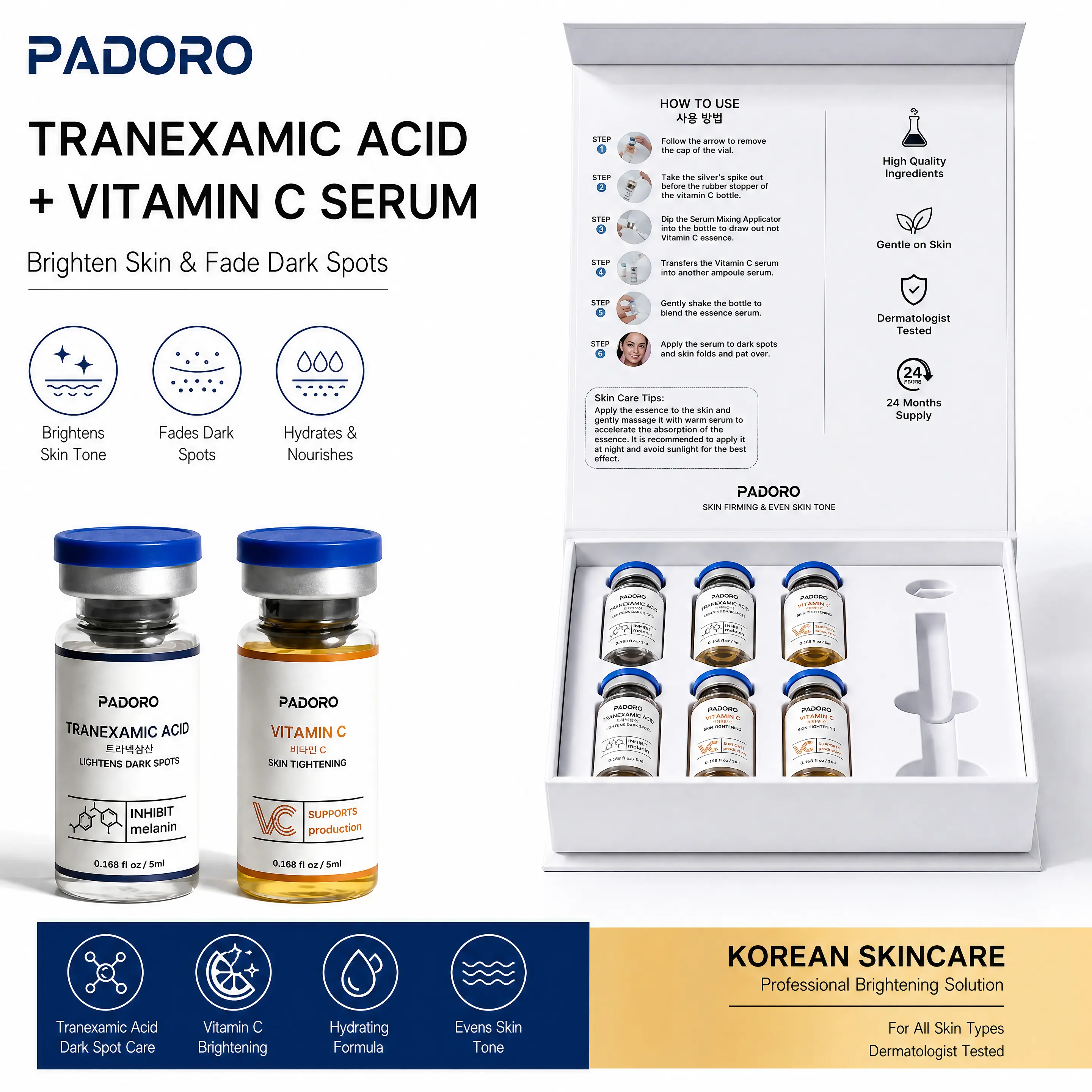 PADORO TRANEXAMIC ACID + VITAMIN C Hybrid Essence Serum, antioxidant and brightening duo, helps restore skin's natural glow while repairing daily environmental damage.