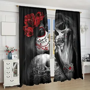 Harvard Festival Skull Kiss Curtains, Rose Skull Design, Rose Jewelry Print, Semi-Transparent Polyester Rod Pocket Drapes, Decorative Window Curtain