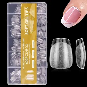 600Pcs/Box Clear Gel X Nail Tips, Short Coffin Press On Nails, Soft Gel False Nail Tips  - Salon Quality Nails, Pre-Shaped XS Clear Fake Nails, Full Cover Acrylic Nail Extension Art, DIY Press On Manicure Kit, Salon Professional & Beginner Friendly
