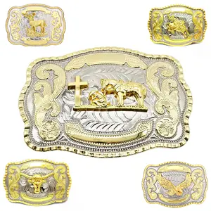 Gold-tone cowboy cross belt buckle with a detailed praying cowboy and eagle motif, suited for unisex rodeo belts.