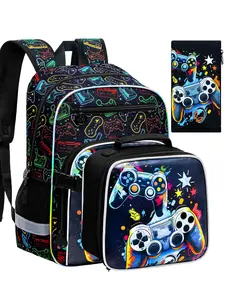 3Pcs Game Controller Multi Function Backpack Set with Lunch Bag & Pencil Case - Neon Gamer Style for School Boys