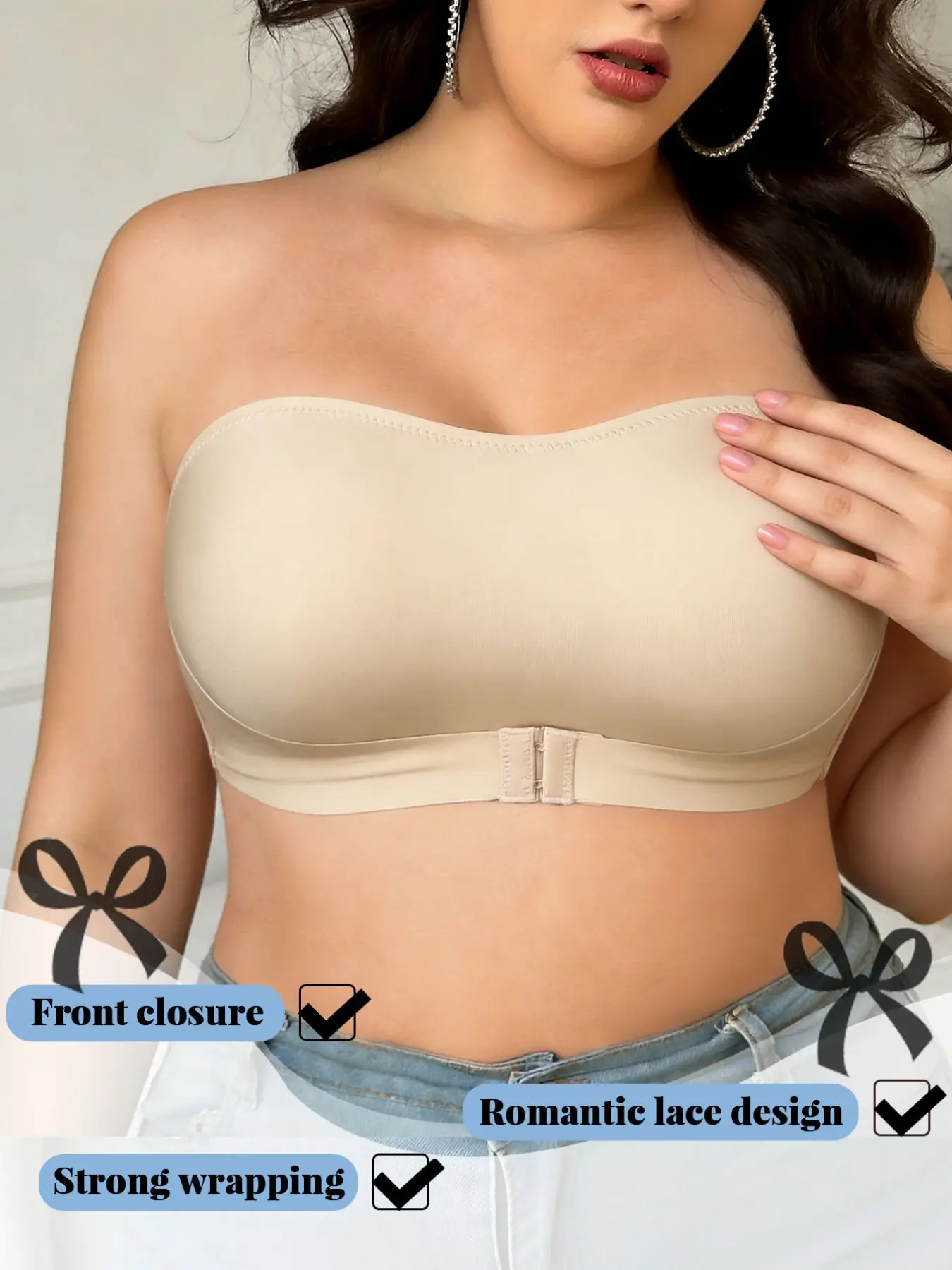 Plus Size Women's solid color smooth wireless bra, minimalist front closure Buckle strapless seamless bra, Elegant, women's underwear and sleepwear, casual and comfortable bra for all seasons, Basic, Basic Bras