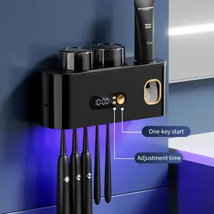 Smart Toothbrush Holder with Automatic Toothpaste Dispenser, Wall Mounted, Five Slot Storage, Organizing, Durable Plastic, USB Charging, Modern Bathroom Organizer