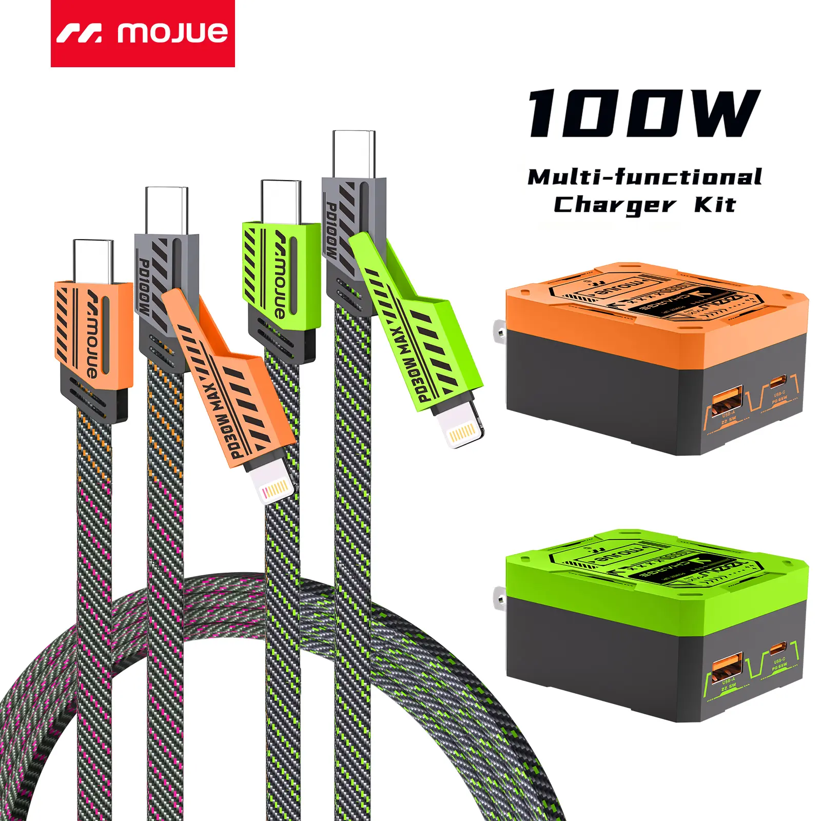 [1-Pack] MOJUE 100W USB C Fast Charger with 3-in-1 Charging Cable, Dual Port Type-C & USB-A Wall Charger Set, Mecha Style Fast Charging Cable for iPhone 17/16/15, Samsung S25, iPad, Android Phones, Tablets and More, Green/Orange#Back To School