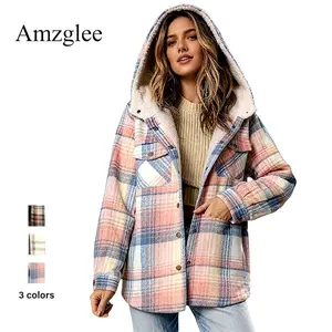 Amzglee Women's Flannel Hooded Plaid 2026 Shacket Thick Coat Winter Coat for Warmth Button down Warm and Fuzzy Fleece Jacket