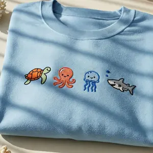 Cute Ocean Animal Embroidered Shirt, Sea Animal Tee, Cute Coastal Aesthetic Sweatshirt, Simple Beach Vibes Gift for Girl Trips