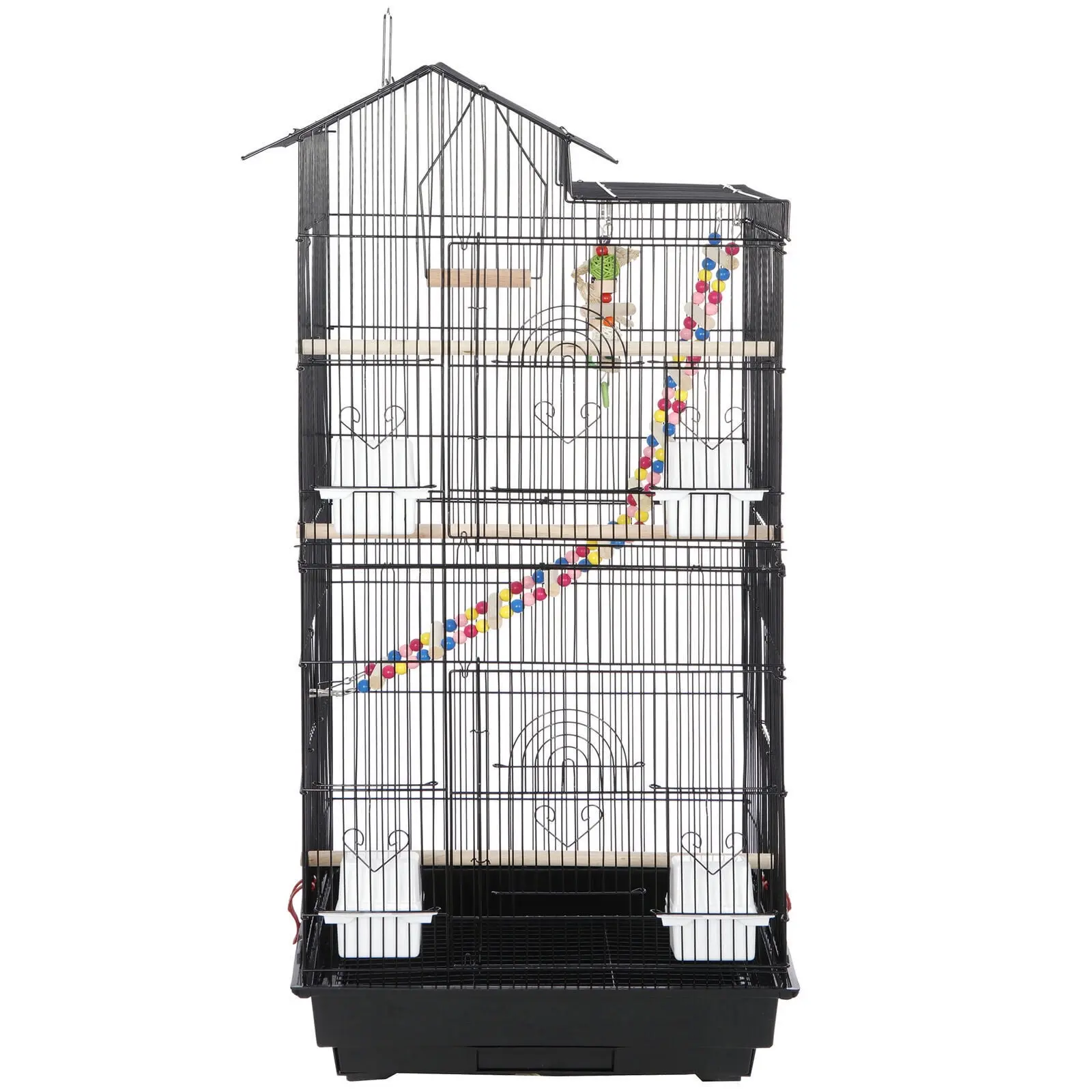 39" Large Powder-Coat Rolling Metal Frame Weatherproof House-Shape Roof Top Bird Cage for Small Parrots, Cockatiels - Black Pet Supplies Bird Cage, Rolling Metal Cage