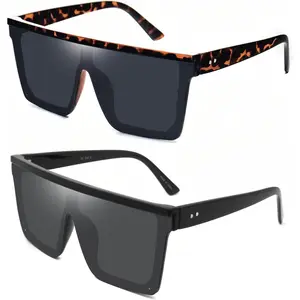 2 Pair Square Flat Top Sunglasses for Women Men, Big Fashion Oversized Rimless Shades Large Mirrored Sunnies