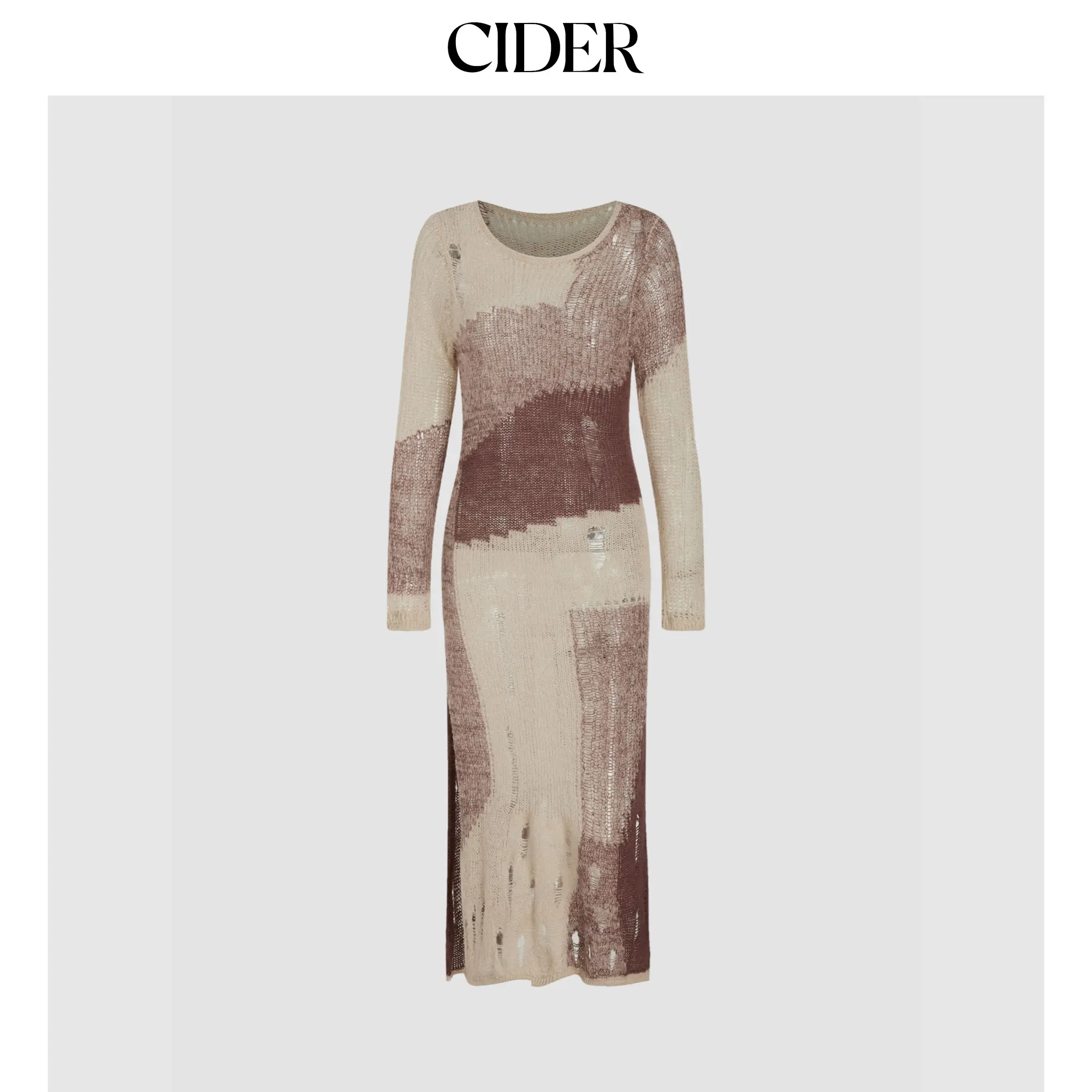 Cider Women's Chic Geometric Patchwork Knit Blend Midi Dress - Longsleeves Ripped Look, Acrylic-Wool H-Type, Crew Neck, Pull-On Casual Streetwear