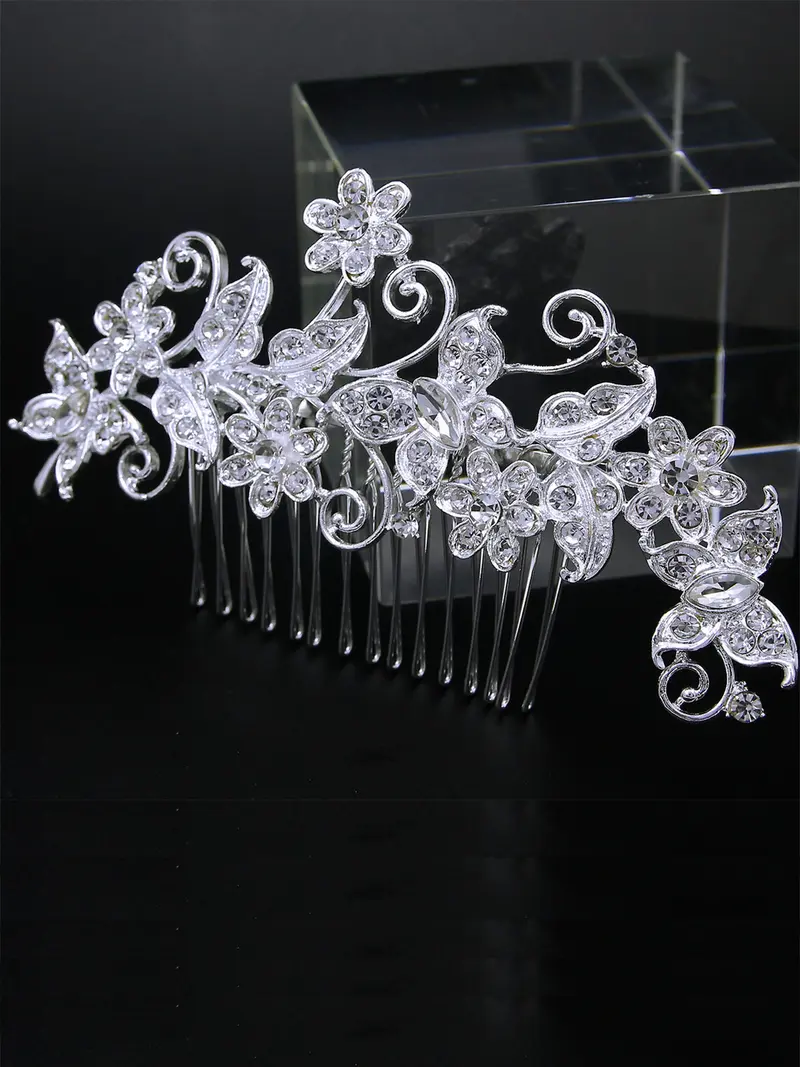 Silver Crystal & Pearl Floral Hair Comb - Women Accessories Crystal Bride Wedding Hair Comb Leaf Bridal Headpieces  main image 4