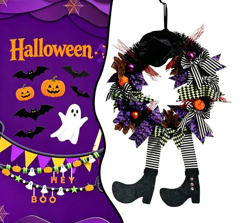 Pumpkin Wreath Door Hanging Decor With Witch Hat And Long Leg Ornaments, Spooky Themed Front Door Garland, Seasonal Layout Prop For Halloween Party, Haunted House And Indoor Outdoor Scene Decoration