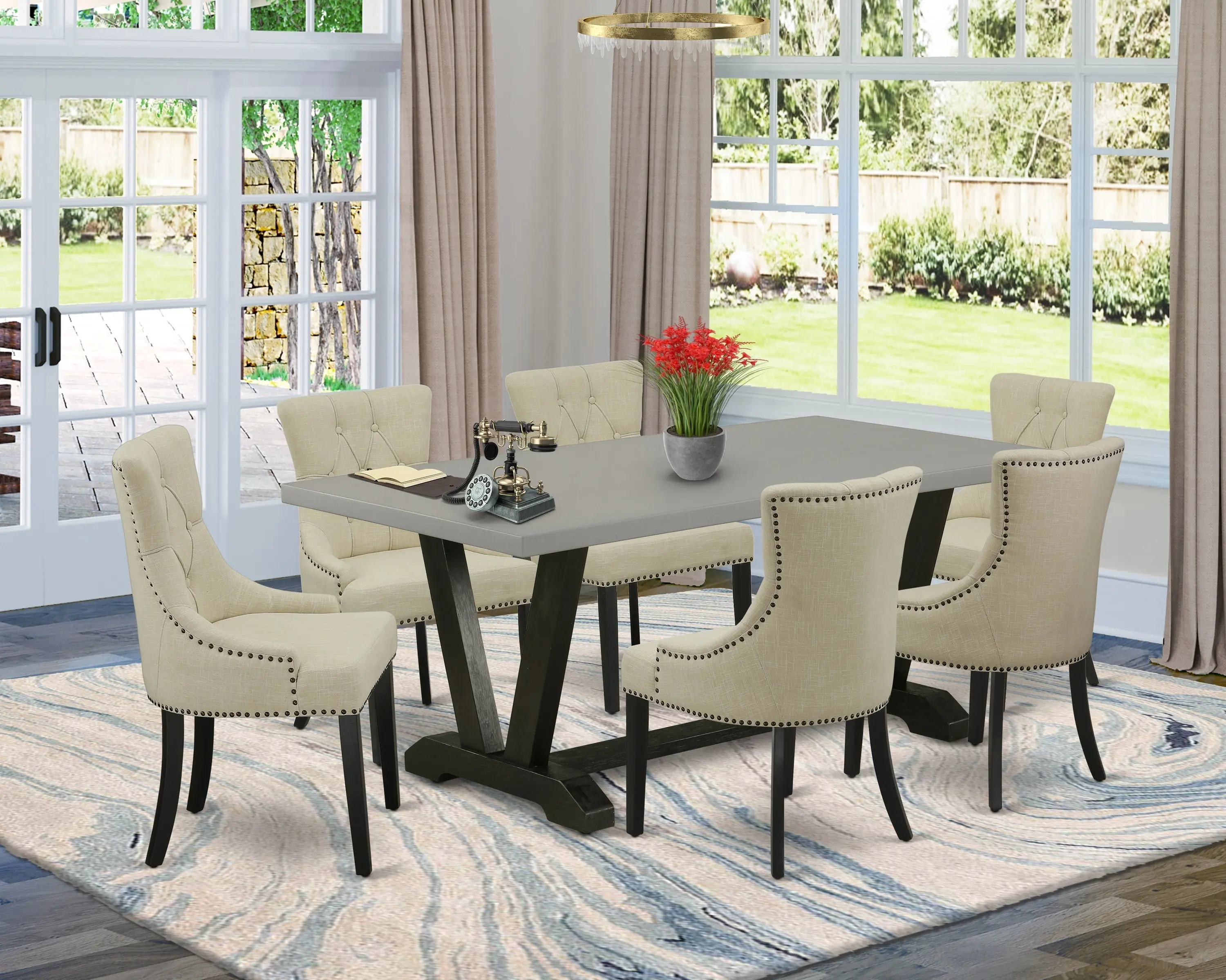 EAST WEST FURNITURE - V697FR102-7 - 7-Pc Kitchen Dining Set - 6 Dining Chairs and 1 Dining Table (Wire Brushed Black Finish)