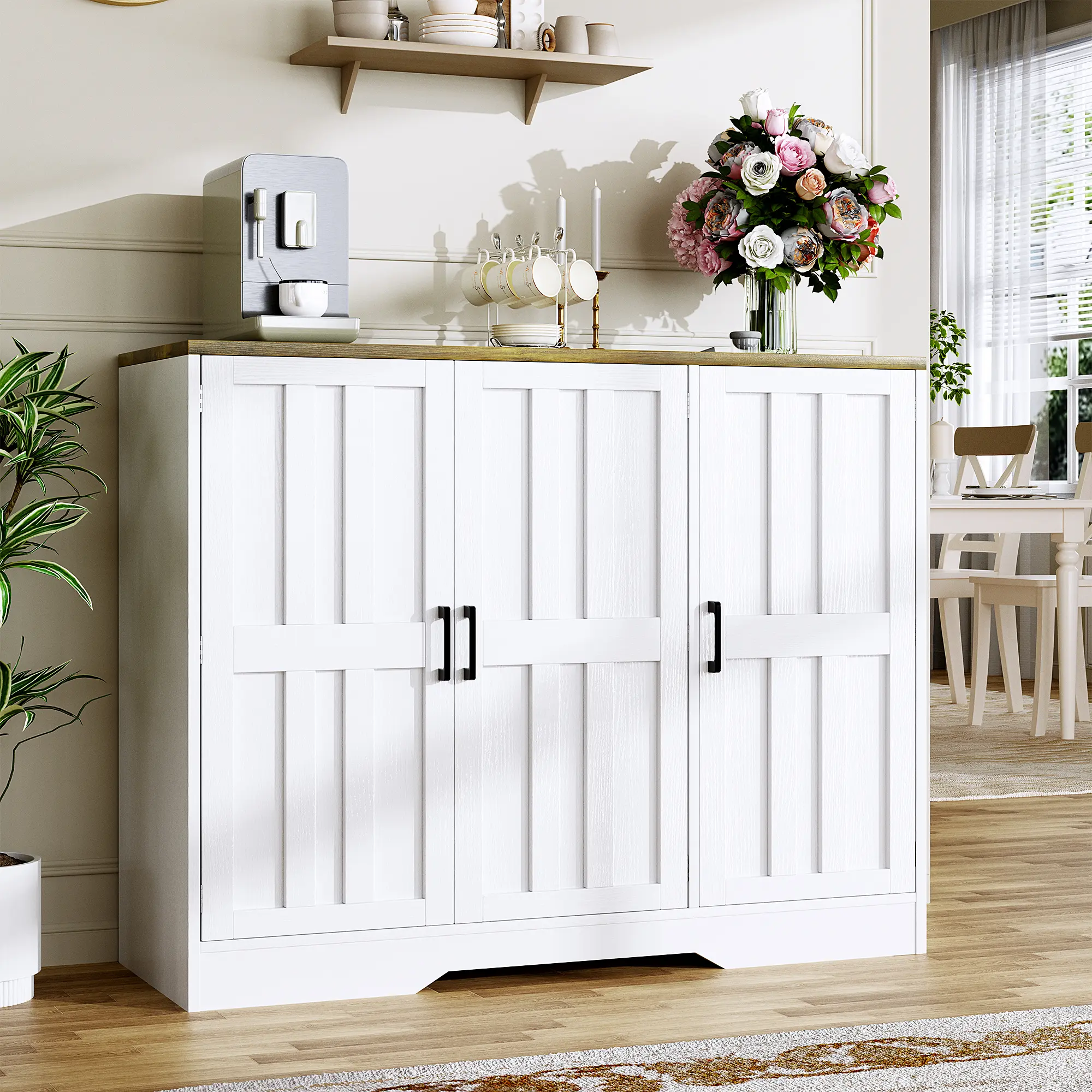 Modern Farmhouse Buffet Cabinet with Storage, 42" Large Sideboard Storage Cabinet with 3 Barn Doors, Coffee Liquor Bar Cabinet Wood Table Credenza with Adjustable Shelf for Kitchen Dining Living Room