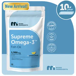 Micro Ingredients Supreme Omega-3 Fish Oil w/Ultra High EPA & DHA, Burpless Softgels | rTG Omega-3 with Vitamin D3 | Wild-Caught Cold Deep-Sea Water | Lemon Flavor, Easy to Swallow