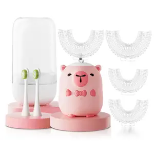 Kids Electric Toothbrush U Shaped - Cartoon Capybara with 6 Brush Heads Full Mouth Degree Cleaning Sonic Toddler Automatic Toothbrush with IPX7 Waterproof Cleansing (Pink 2-14 Years) Mini