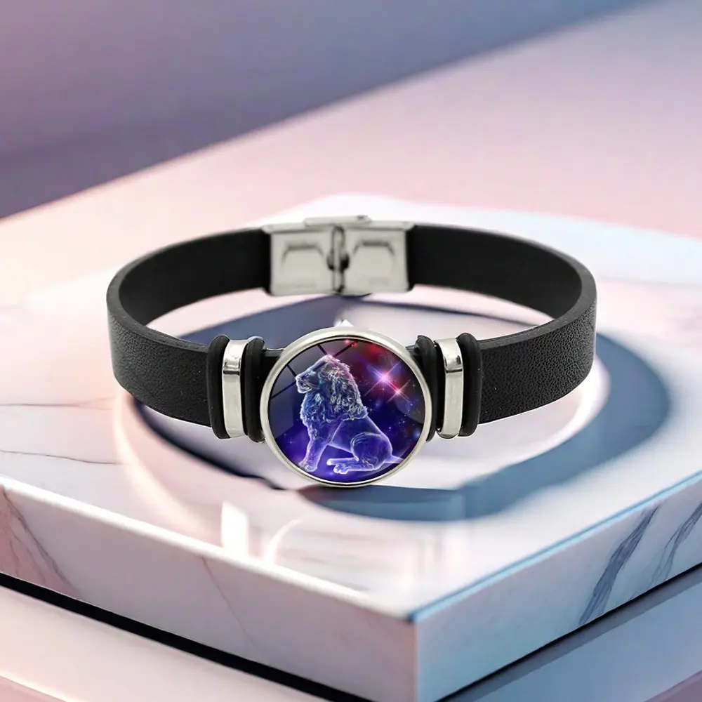 Glow in the Dark Zodiac Bracelet for Women & Men, 12 Astrology Signs Leather Bracelet, Magnetic Clasp Jewelry 7.87 inches