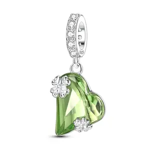 MULA 925 Sterling Silver Green Tilted Heart Clover Charm – Platinum Plated Crystal Glass Zircon Lucky Four-Leaf Pendant Bead, Compatible with Pandora Bracelets & Necklaces, Best Gift for Women & Girls