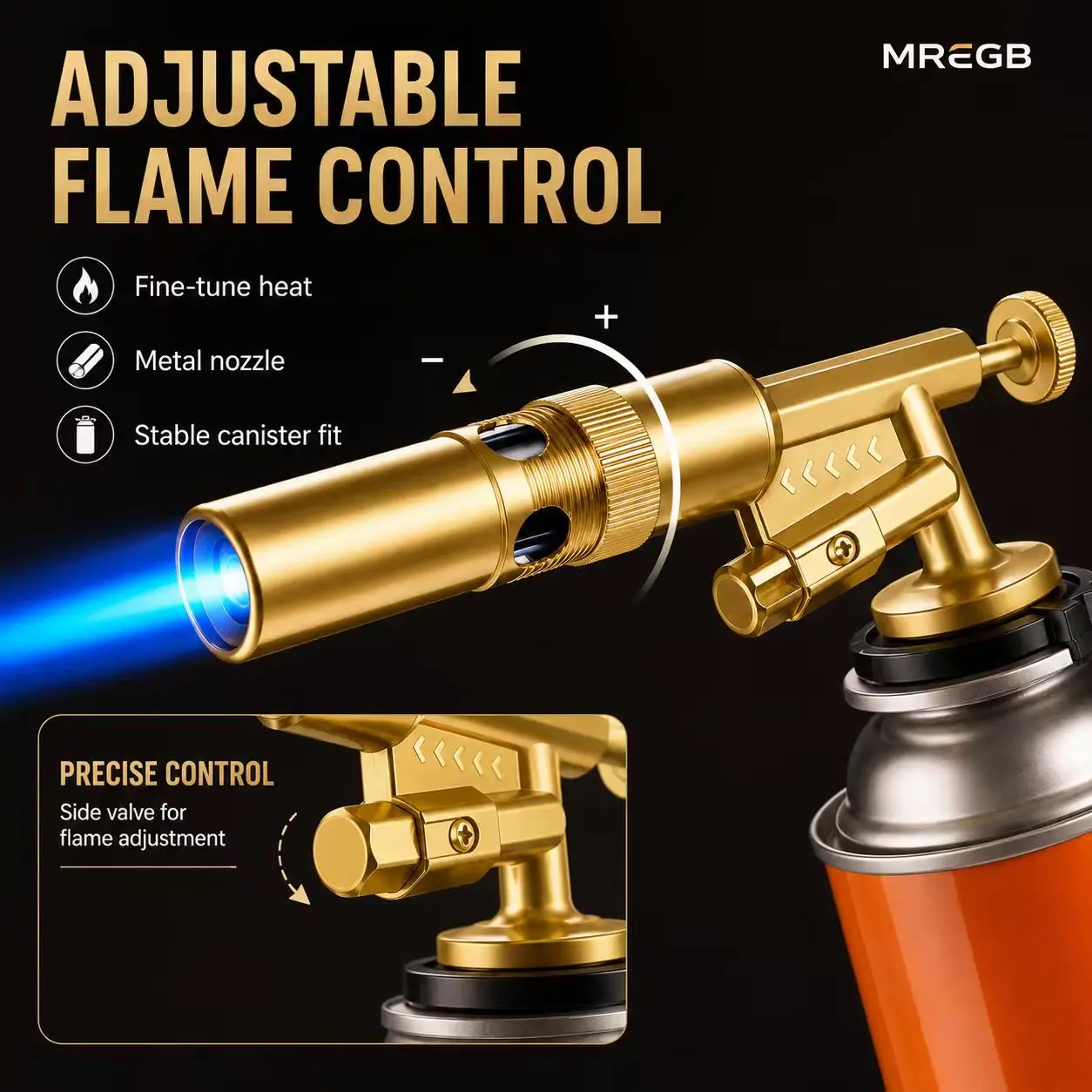 MREGB Portable Handheld Copper Alloy Food Culinary Torch - Handheld Torch with Nozzle, Ergonomic Grip, Adjustable High-Temp Heat, Fully Enclosed Safety Design for Kitchen Baking, Meat BBQ | Gas Cylinder Not Included