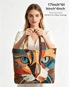 Unique Quilt Patchwork Cat Face Large Tote Bag 17×16×4 Inch Oversized Capacity Women Shoulder Handbag | Summer Beach Vacation Daily Outfit Travel Work Purse, Art Aesthetic Cottagecore Tote