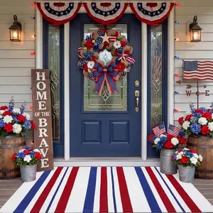 1Pc Independence Day Welcome Mat, Door Mat, Blue White Red Striped Design, Summer Front Porch Decor, Farmhouse Outdoor Entryway Doormat, Holiday Home Decoration